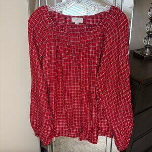 LOFT Red Plaid Gold Holiday Blouse Boat Neck Long Sleeve Festive Top large